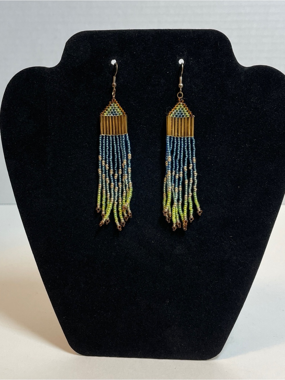 Native American Seed beaded earrings dangle, Gold, Blue, Lime 9 Strands Fringe